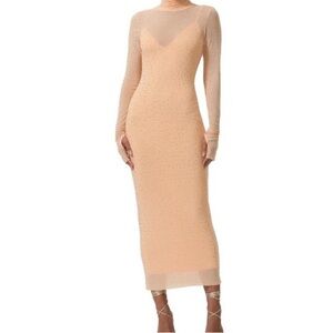 AFRM Nude Peach Sheer Long Sleeve Midi Dress